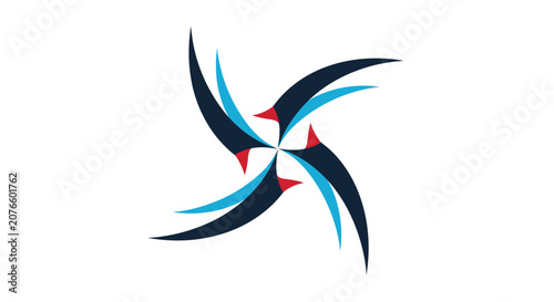 Dynamic four pointed star icon is created from blue, dark blue, and red curved shapes arranged in a propeller design.