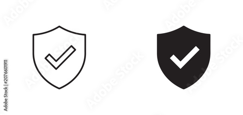 Shield icons with checkmarks in white and black on plain white background for security and protection concepts  web and app design elements
