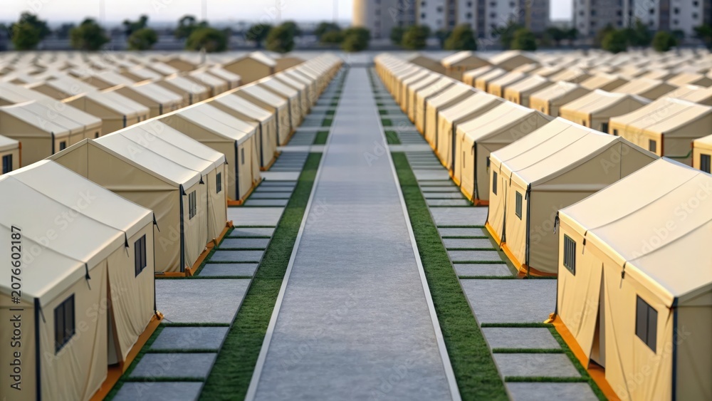 Fototapeta premium Rows of beige tents aligned symmetrically in a temporary outdoor camp setting.