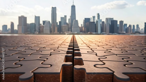 City skyline merging with a large jigsaw puzzle in the foreground.