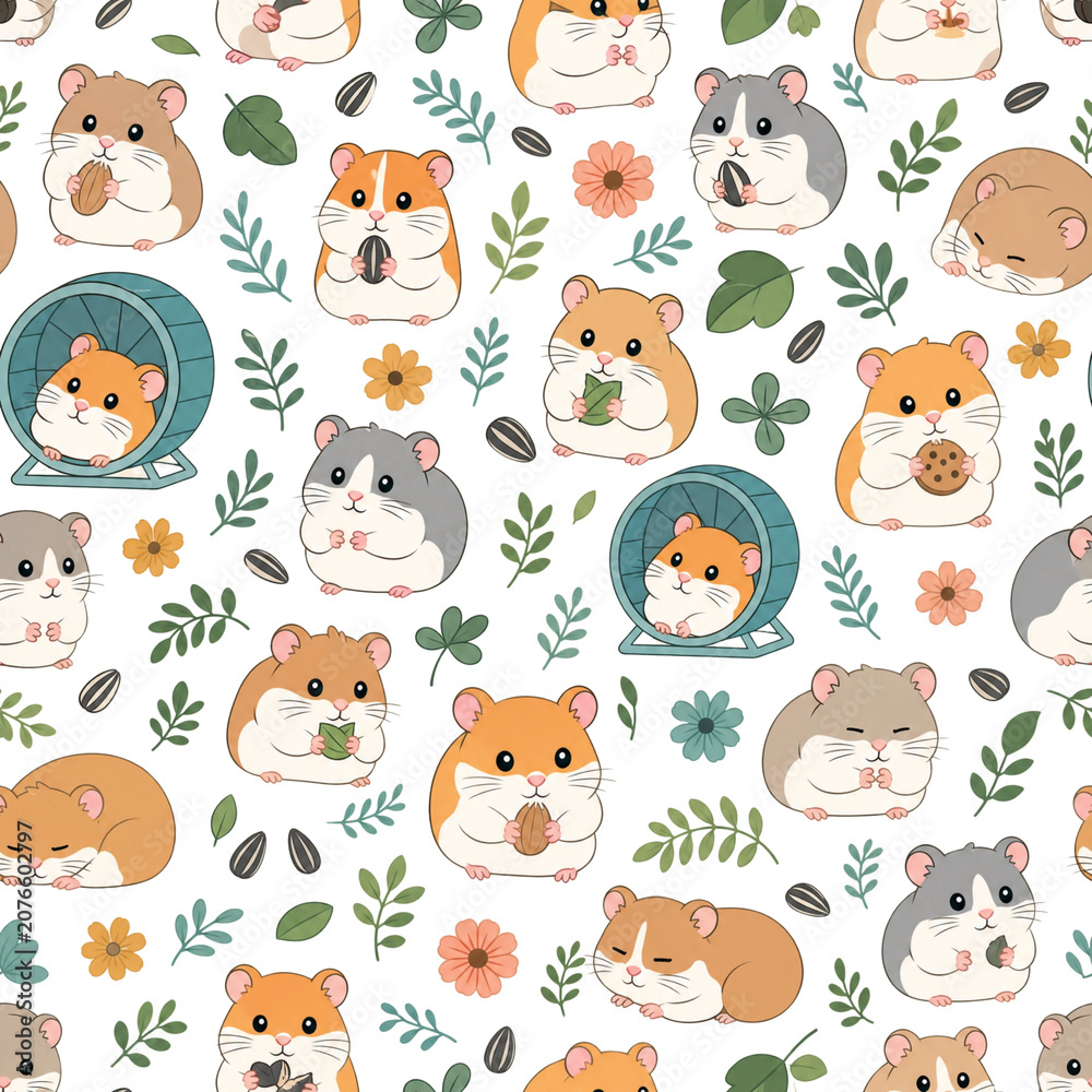 Obraz premium Seamless Hamster Pattern with Cute Pets, Flowers and Botanical Elements - Adorable repeating design featuring playful hamsters, floral accents and leafy greenery, perfect for nursery. (AI)