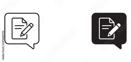 Speech bubbles with pencil and paper icons in black and white for editing and communication  business and technology symbols