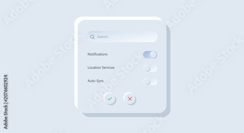 Bild auf Leinwand Minimalist light neumorphism user interface control panel window displaying toggle switch options search bar field and confirmation checkmark cross buttons