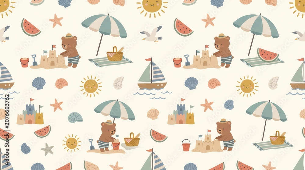 Fototapeta premium Cute cartoon bears playing on a sandy beach building sandcastles under umbrellas during summer