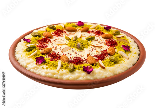 pudding creamy rice dessert decorated nuts herbs flat bowl