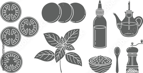 Foto Caprese Salad Silhouette Ingredients Set with Tomato Slices Mozzarella Cheese Ba