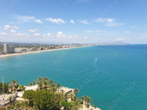 Aerial scenic view of Peniscola beach and coastline from the medieval castle in Spain