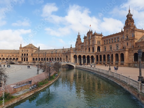 Plaza de Espana architectural complex with canal in Seville, Spain