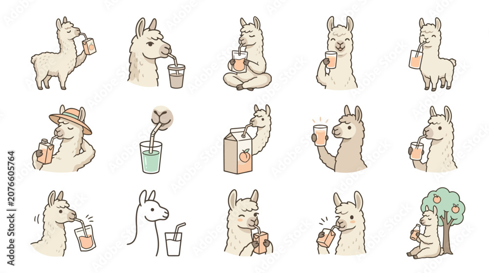 Fototapeta premium Adorable llamas drinking bubble tea and milkshakes characters.