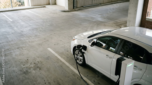 White electric vehicle charging at a station inside an indoor concrete parking garage structure