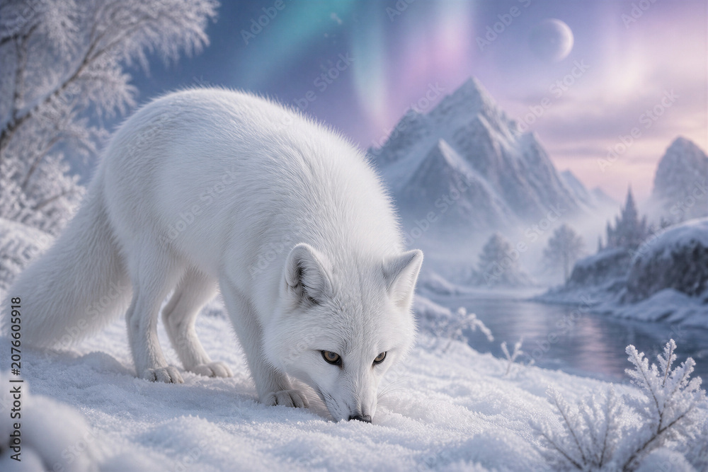 Fototapeta premium Arctic fox sniffing snow in frozen tundra with aurora