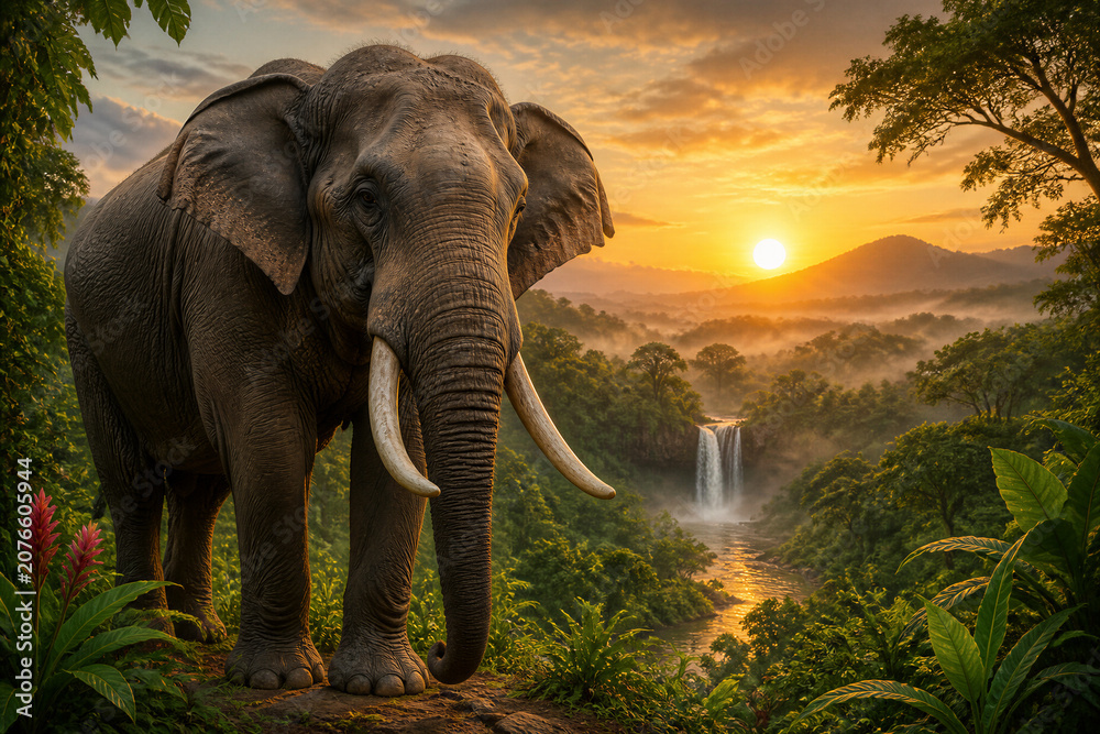 Fototapeta premium Elephant standing near waterfall in tropical jungle at sunrise