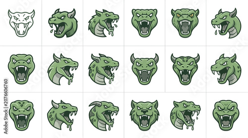 Quadro su tela Aggressive green snake and reptilian monster head stickers.