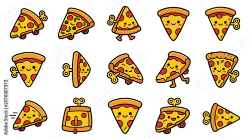 Obraz na plátně Animated wind-up pizza slice character icons