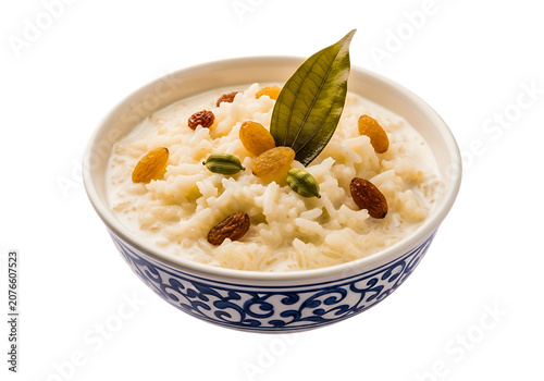 pudding sweet traditional rice dessert garnished dry fruits patterned bowl