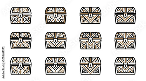 Konstfotografi Antique treasure chest icons with tribal patterns.
