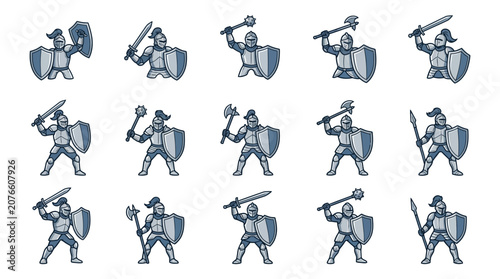 Fotografie Armored knight characters with weapons icon set.