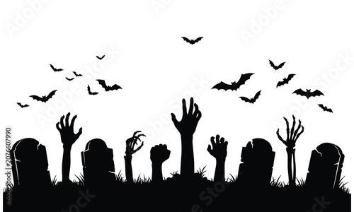 Quadro su tela Halloween Silhouette of Zombies Rising from Graves with Flying Bats