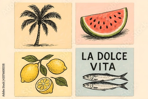 A charming retro illustration captures the essence of Italian summer with iconic symbols like a palm tree, fresh lemons, juicy watermelon, and sardines
