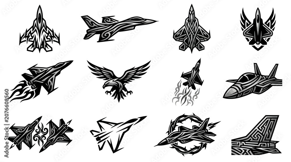 Obraz premium Abstract fighter jet and wing logo design elements.