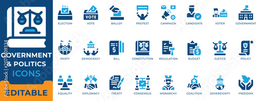 Photos Government Politics Election Democracy Vote Icon Set - editable vectors for political candidate, parliament, and diplomacy