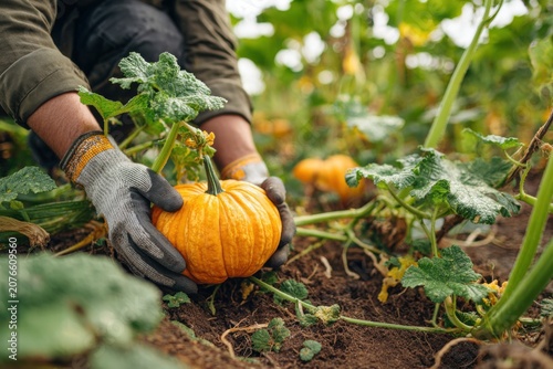  Worker hands gently removing pumpkin from vine with stem intact, autumn squash harvest action
