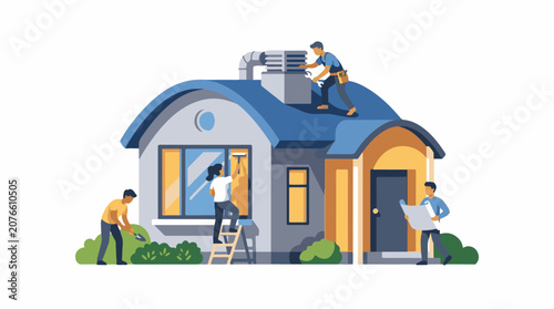 A colorful illustration of a suburban home being renovated by four workers