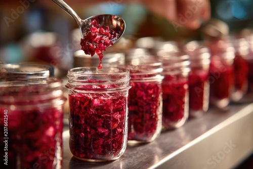 View of sterilized glass jars lined up on a counter, person filling them with hot rose petal jam using a ladle and funnel, preserving process 
