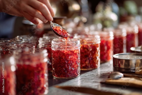 View of sterilized glass jars lined up on a counter, person filling them with hot rose petal jam using a ladle and funnel, preserving process 