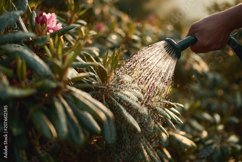 Person using a watering can with fine rose to shower a plants during a dry spell