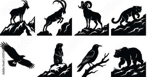 Cuadro en lienzo Collection of mountain wildlife silhouettes featuring ibex ram mountain goat eag