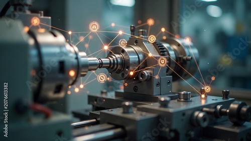 Industrial robot arm assembling car parts in factory