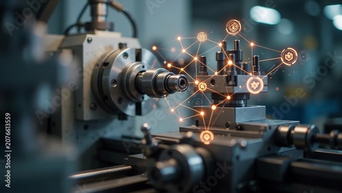 Robot arm assembling car parts in factory with lights