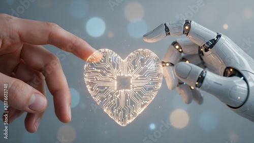 Robot hand and human hand touching finger tips like connection