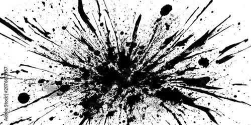 An abstract explosion of black ink splatters across a clean white background, creating a dynamic and energetic visual texture.