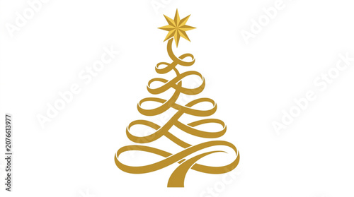 Luxury gold ribbon Christmas tree vector spiral swirl icon with festive geometric golden star for premium holiday corporate invitations