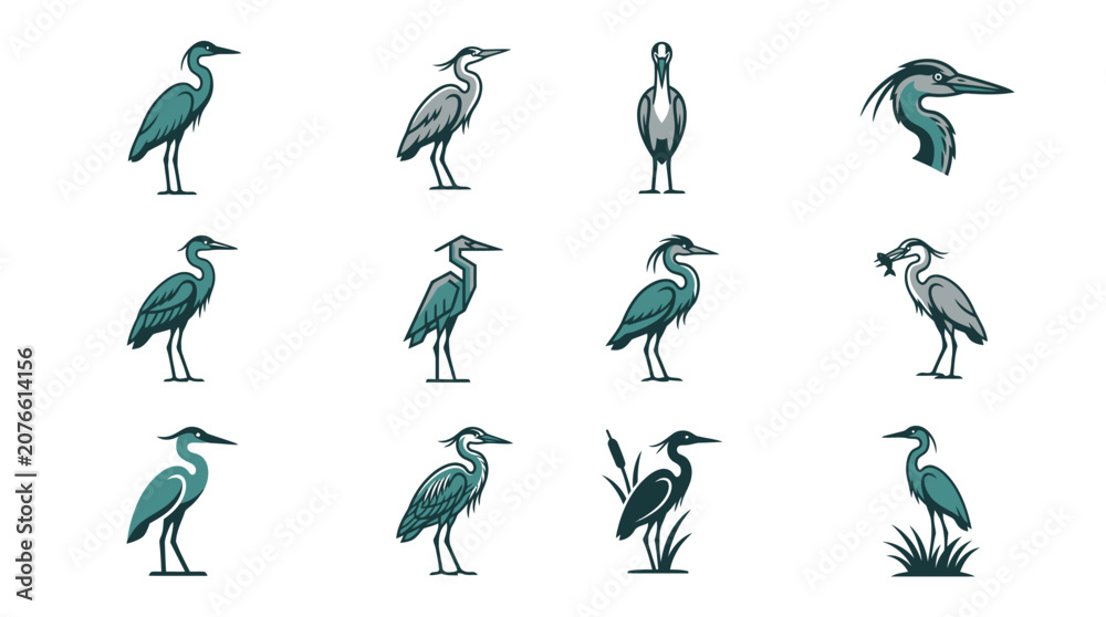 Obraz premium Elegant heron bird silhouettes in multiple standing poses.