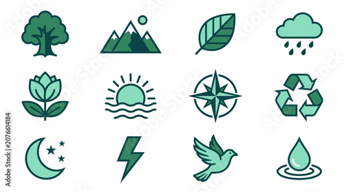 Fotografie Environment and natural resource flat green icon collection.