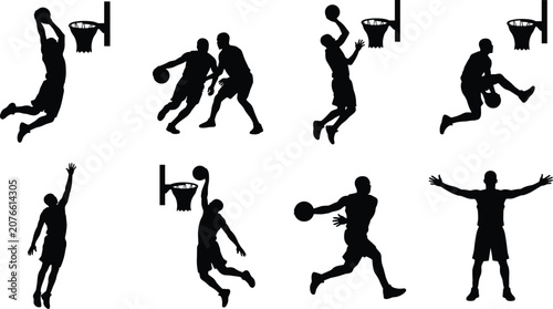 Photos Basketball player silhouettes set featuring athletes dunking dribbling defending