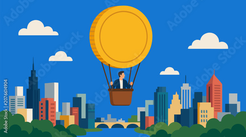 A clean flat vector illustration on a light sky background shows a businessperson riding a coin-shaped balloon above a city, ideal for finance or startup promotion.