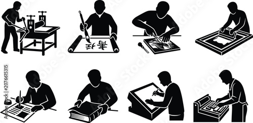 Fotografie Artisans and printing craft icons set featuring linocut carving calligraphy scre