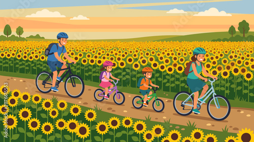 Clean flat vector illustration on a light sunset background shows a family cycling beside sunflower fields, ideal for outdoor recreation and travel promotions.