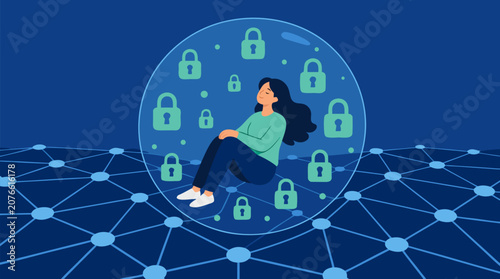 A clean flat vector illustration on a light background shows a woman sitting inside a protective bubble of padlocks over a network, ideal for privacy and cybersecurity messaging.