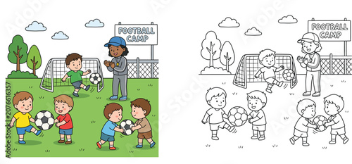Kids football camp coloring page with children playing soccer and coach clapping vector illustration. Color and outline versions of boys training with soccer balls.