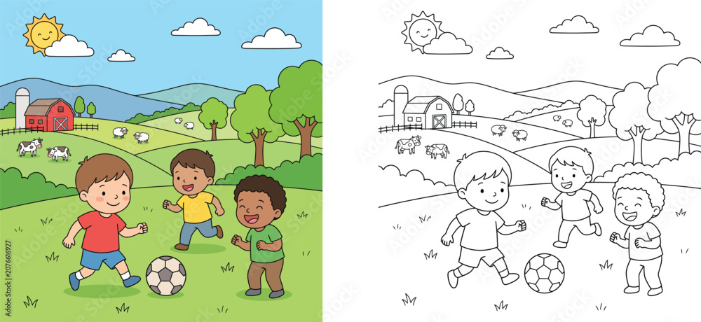 Fototapeta premium Kids playing soccer on a farm cartoon illustration and black and white coloring book page set with cute boys, football, cows, barn and sunny landscape vector