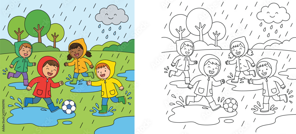 Naklejka premium Kids playing in rain puddles vector illustration and coloring book page template with happy children wearing raincoats and playing soccer outside