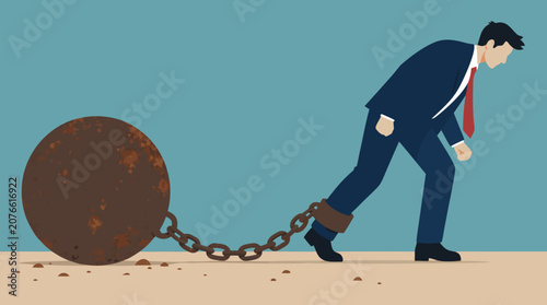 A clean flat vector illustration on a light background shows a suited businessman dragging a chained rusty ball, suitable for debt, stress, or corporate burden concepts.