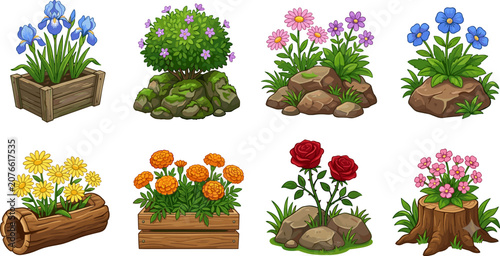 Canvastavla Collection of colorful garden flowers in wooden planters, tree stumps, and rock arrangements, isolated on a clean white background vector