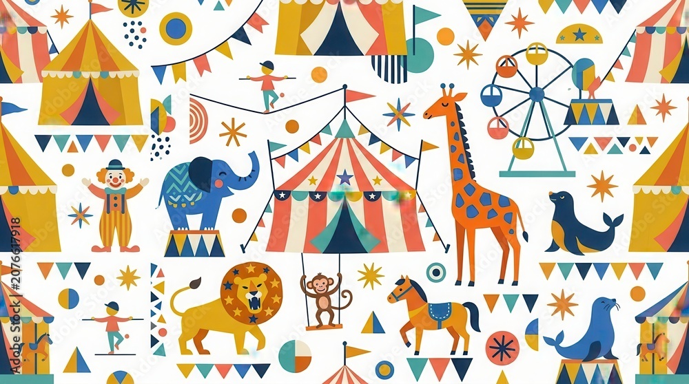 Fototapeta premium Vibrant pattern shows circus tents, elephants, clowns, lions, giraffes, seals, and a ferris wheel