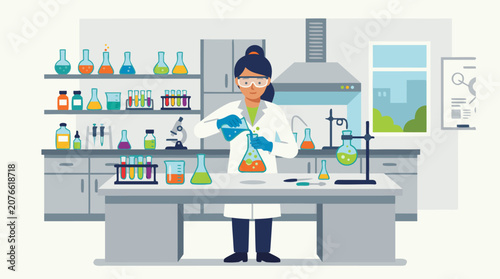 A clean flat vector illustration of a scientist pouring liquid between flasks in a laboratory on a light background, ideal for chemistry, education, and research materials.